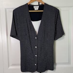 Vintage Cristin Stevens Navy Blue White Polka Dot Blouse Size Med 80s Preppy